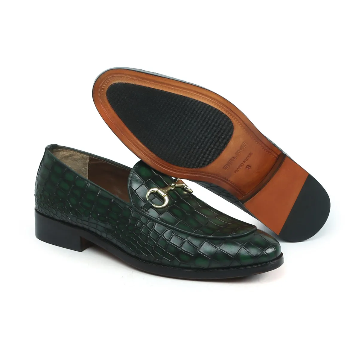 Smokey Finish Leather Loafer In Green Color With Horse-bit Buckle