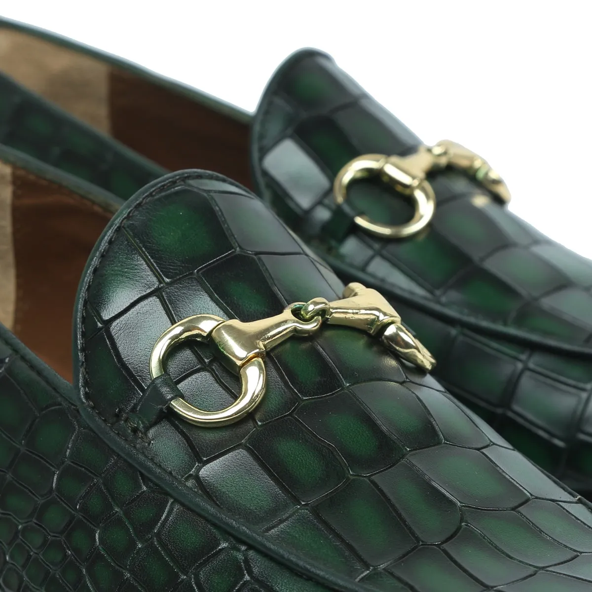 Smokey Finish Leather Loafer In Green Color With Horse-bit Buckle