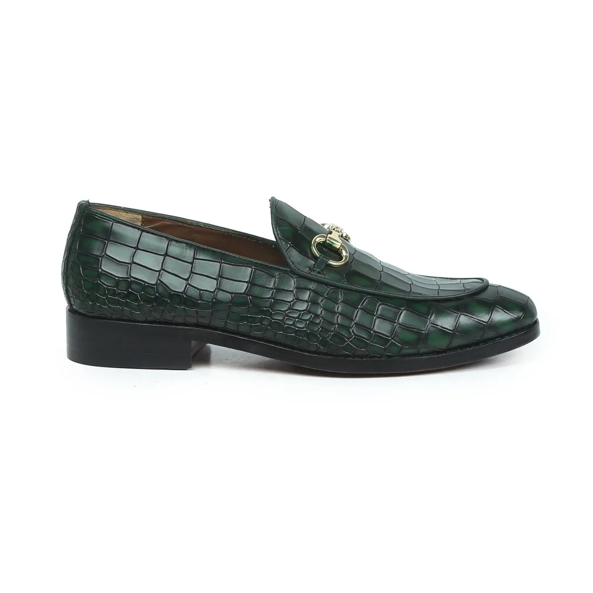 Smokey Finish Leather Loafer In Green Color With Horse-bit Buckle