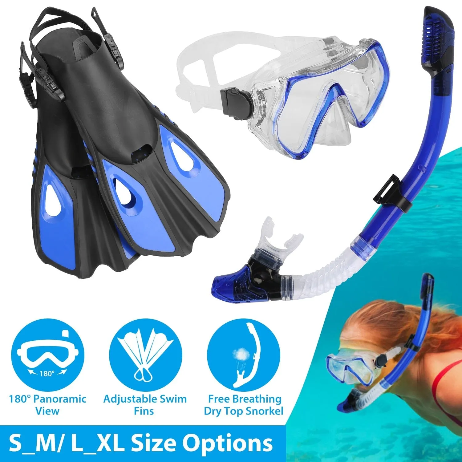 Snorkling Gear Mask Fin Set with Adjustable Swim Fins