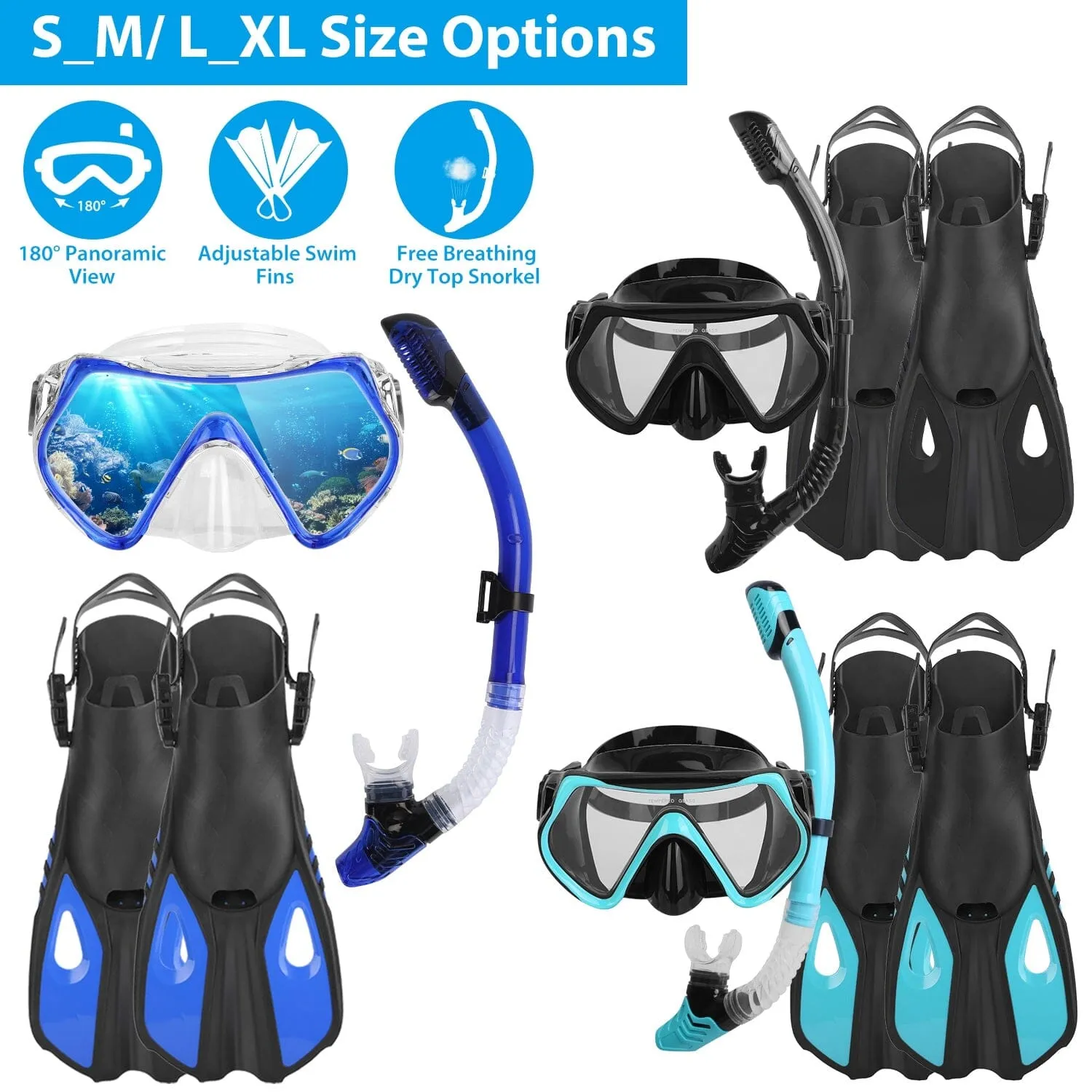 Snorkling Gear Mask Fin Set with Adjustable Swim Fins