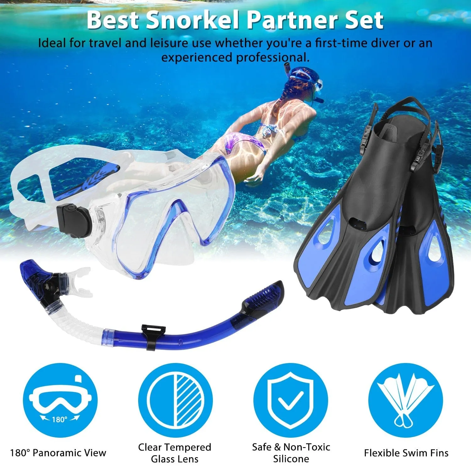 Snorkling Gear Mask Fin Set with Adjustable Swim Fins