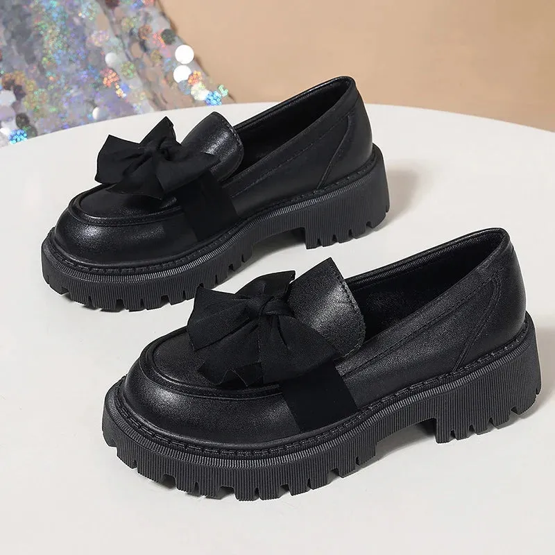 Sohiwoo Big Bowtie Chunky Platform Pumps Women Trend Preppy Style Thick Bottom Black Loafers Woman Pu Leather Slip On Uniform Shoes