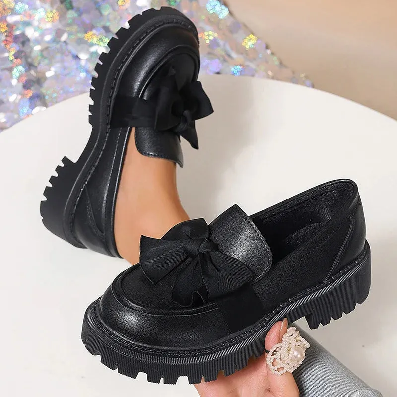 Sohiwoo Big Bowtie Chunky Platform Pumps Women Trend Preppy Style Thick Bottom Black Loafers Woman Pu Leather Slip On Uniform Shoes