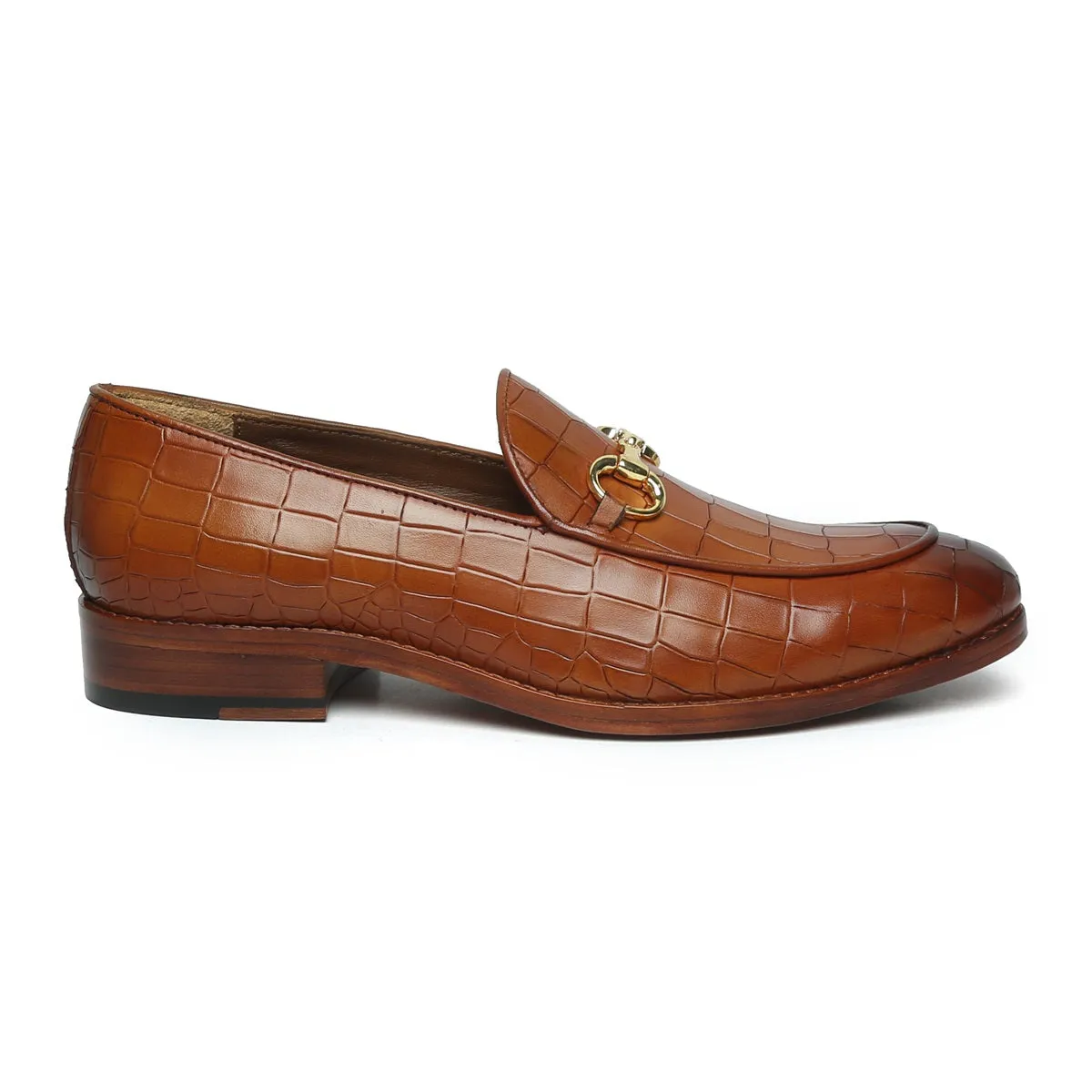 Tan Croco Textured Leather Loafer