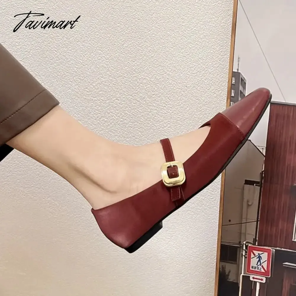 TAVIMART -  Women's Flats Patchwork Mary Janes Shoes Square Buckle Designer Shoes for Female Spring Autumn Girls Princess Leather Shoe 1755N