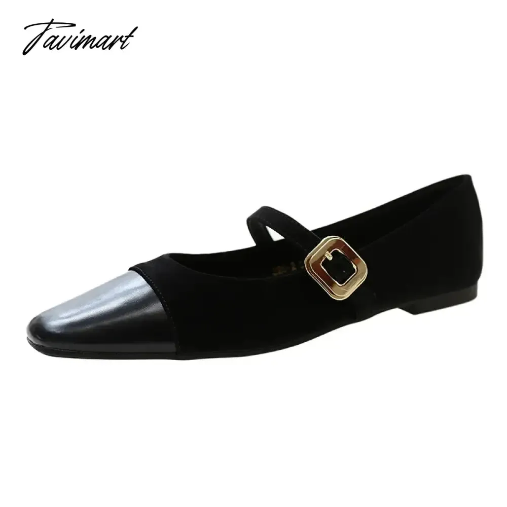 TAVIMART -  Women's Flats Patchwork Mary Janes Shoes Square Buckle Designer Shoes for Female Spring Autumn Girls Princess Leather Shoe 1755N