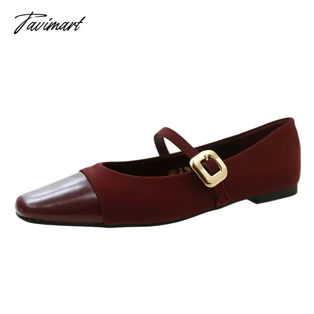 TAVIMART -  Women's Flats Patchwork Mary Janes Shoes Square Buckle Designer Shoes for Female Spring Autumn Girls Princess Leather Shoe 1755N