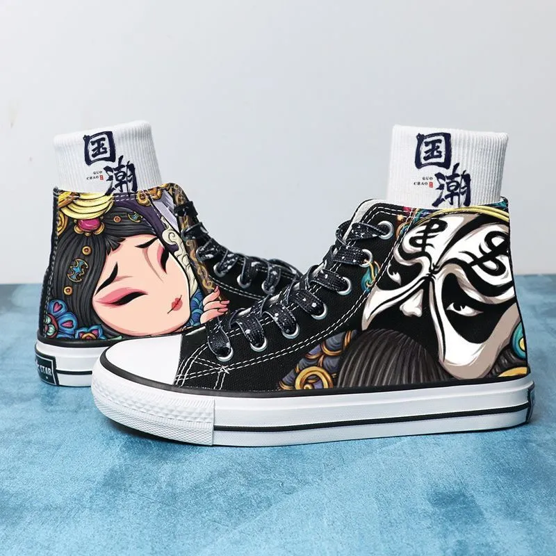 Trendy high-top canvas shoes with artistic patterns