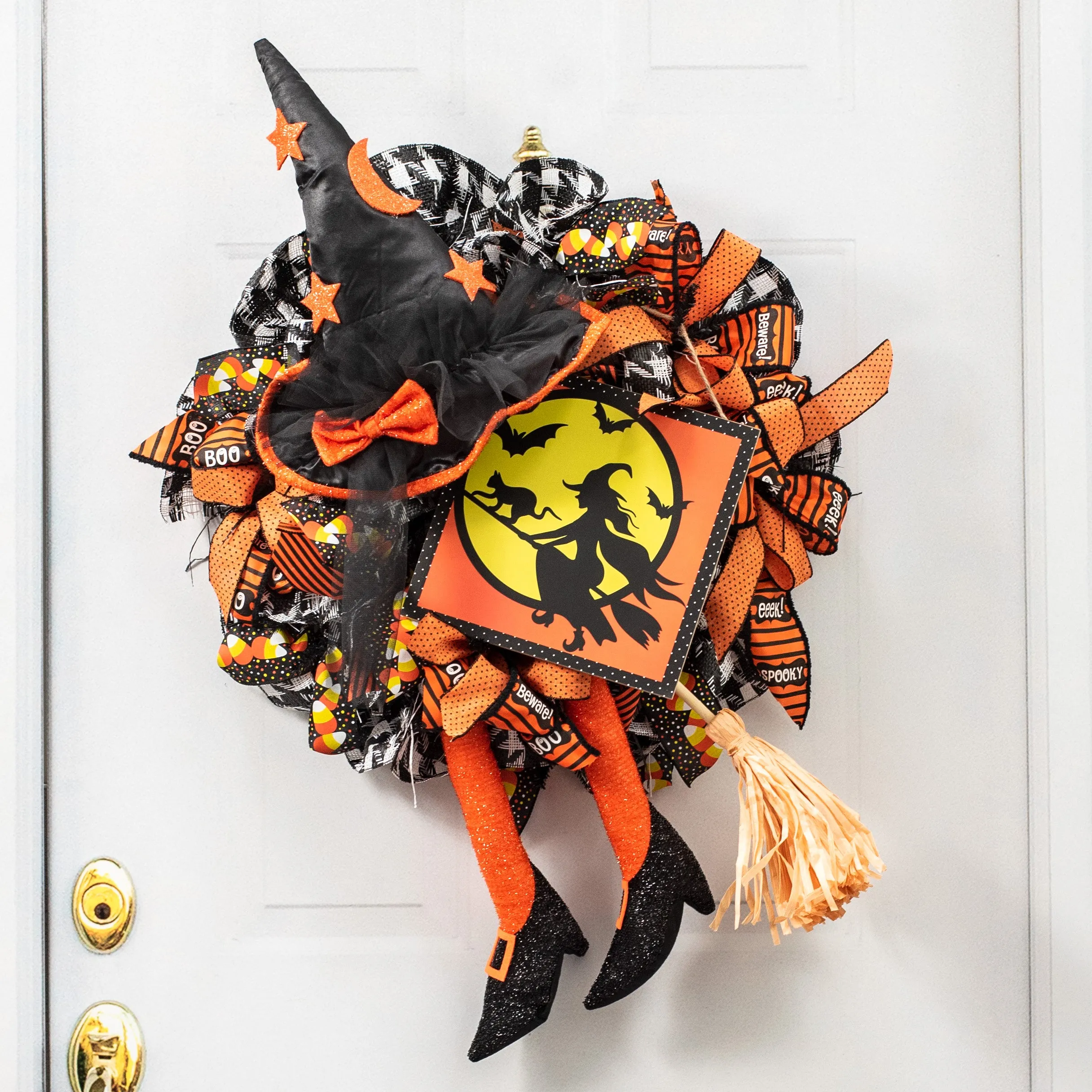 Witch Hat, Legs, Broom Wreath Accent: Black & Orange