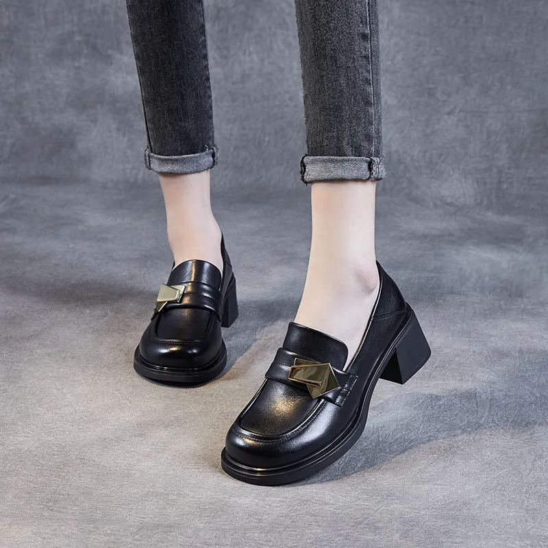 Women Cowhide Metal Patchwork Chunky Heel Loafers