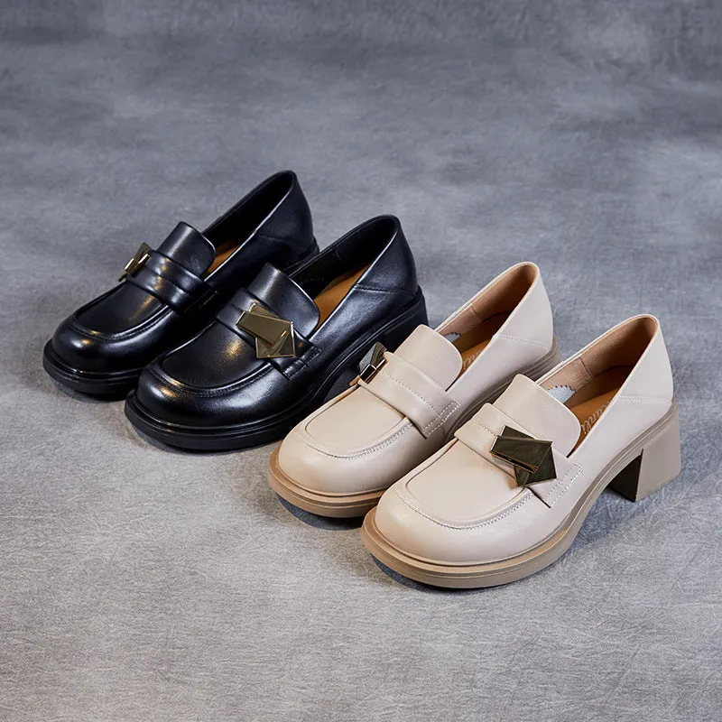 Women Cowhide Metal Patchwork Chunky Heel Loafers