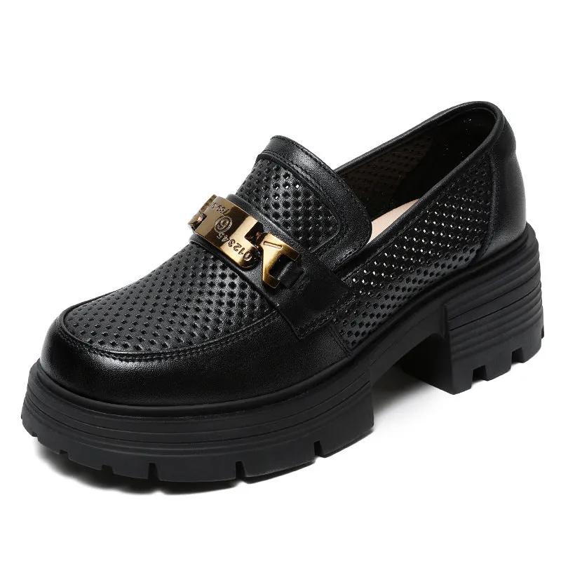 Women Hollow Breathable Leather Casual Platform Loafers