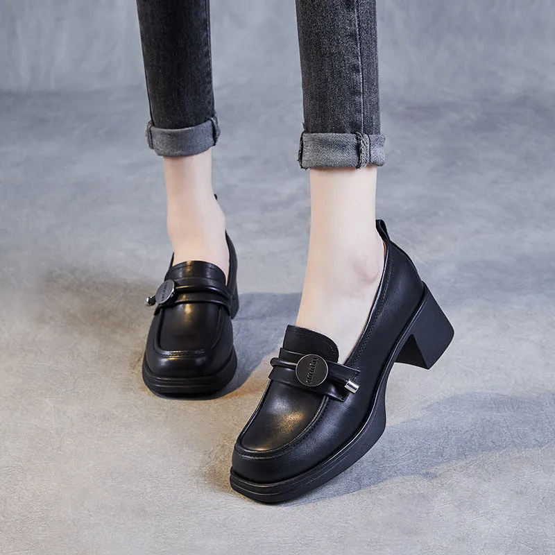 Women Minimalist Casual Leather Chunky Heel Loafers