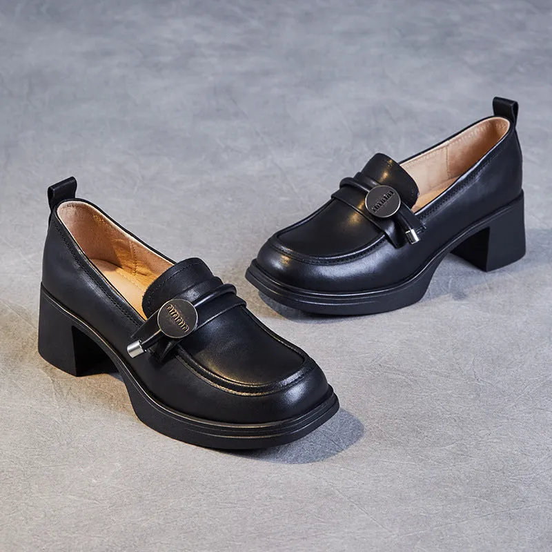 Women Minimalist Casual Leather Chunky Heel Loafers