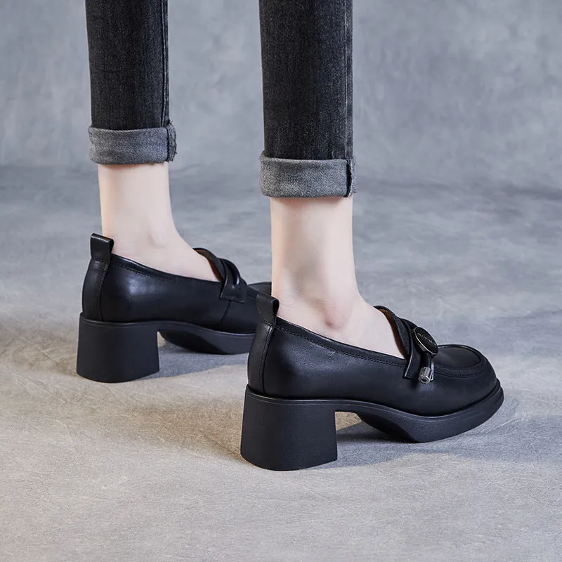 Women Minimalist Casual Leather Chunky Heel Loafers