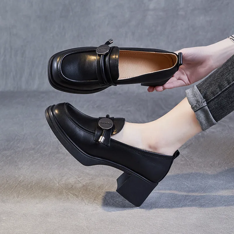 Women Minimalist Casual Leather Chunky Heel Loafers