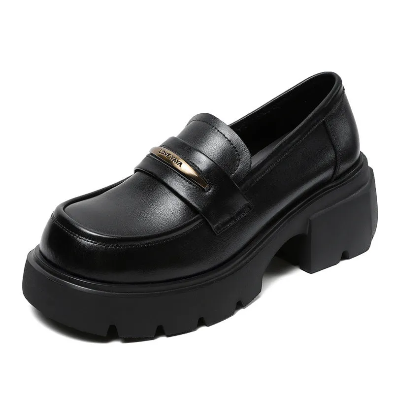 Women Minimalist Cowhide Retro Chunky Soled Loafers