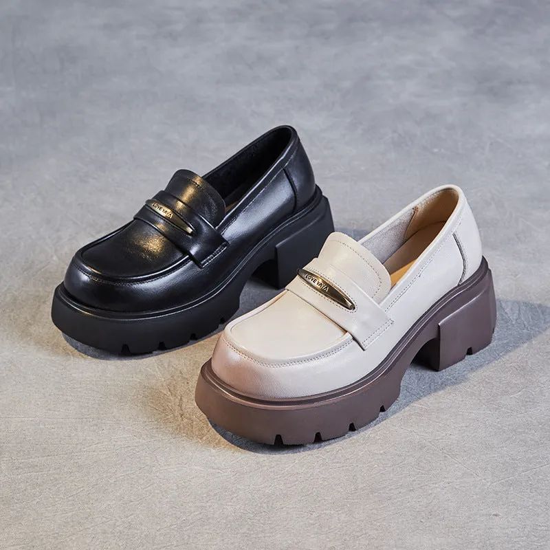 Women Minimalist Cowhide Retro Chunky Soled Loafers