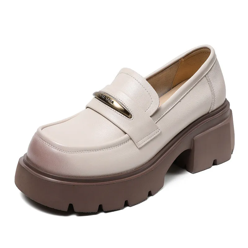 Women Minimalist Cowhide Retro Chunky Soled Loafers