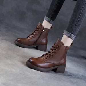 Women Patchwork Leather Casual Chunky Heel Boots