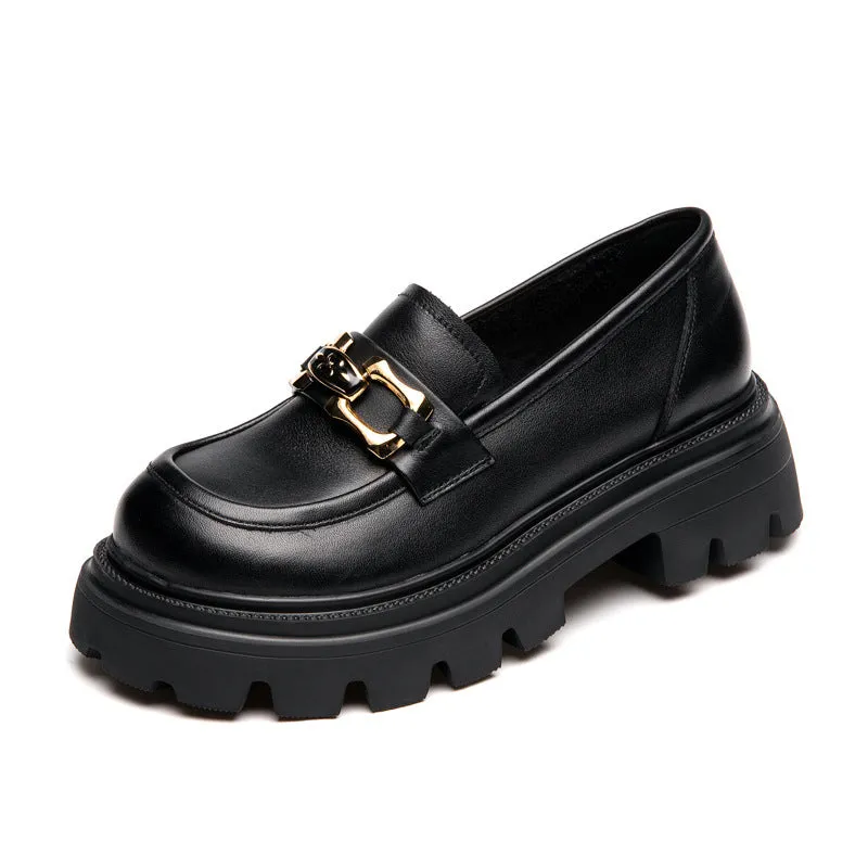 Women Retro Casual Cowhide Lug Sole Loafers