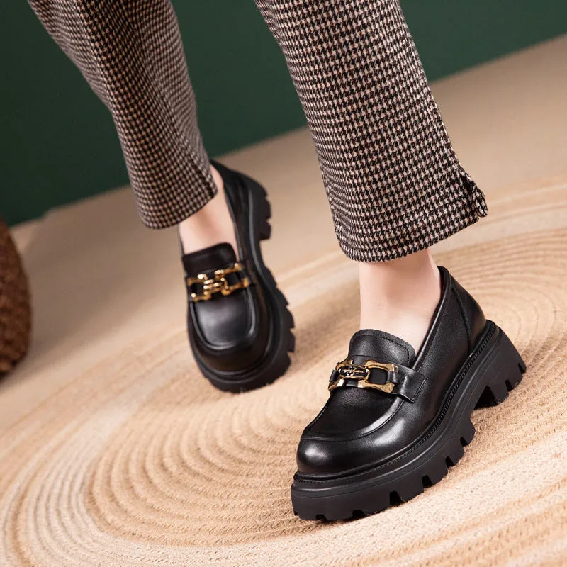 Women Retro Casual Cowhide Lug Sole Loafers