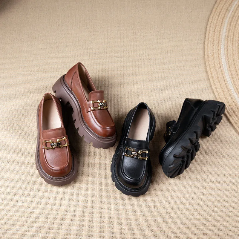 Women Retro Casual Cowhide Lug Sole Loafers