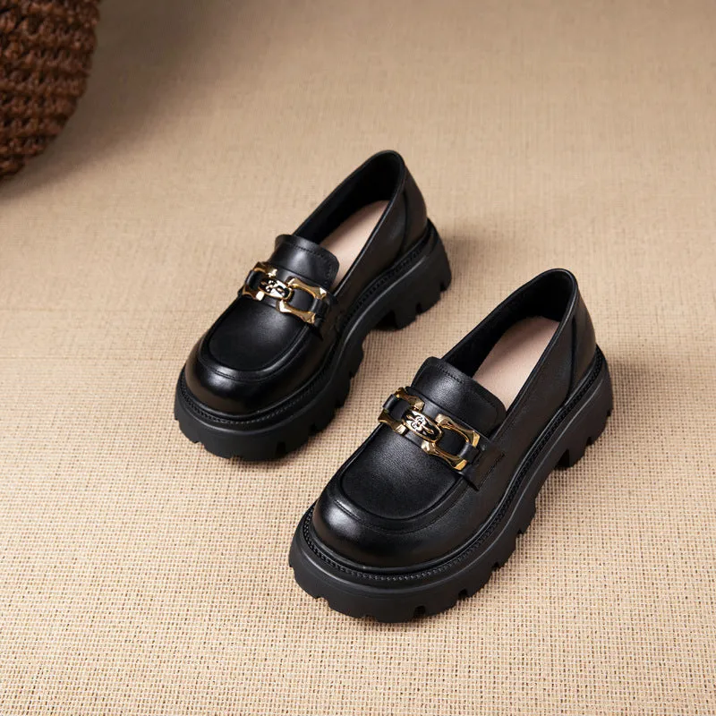 Women Retro Casual Cowhide Lug Sole Loafers