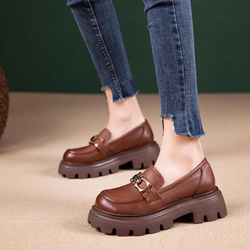 Women Retro Casual Cowhide Lug Sole Loafers