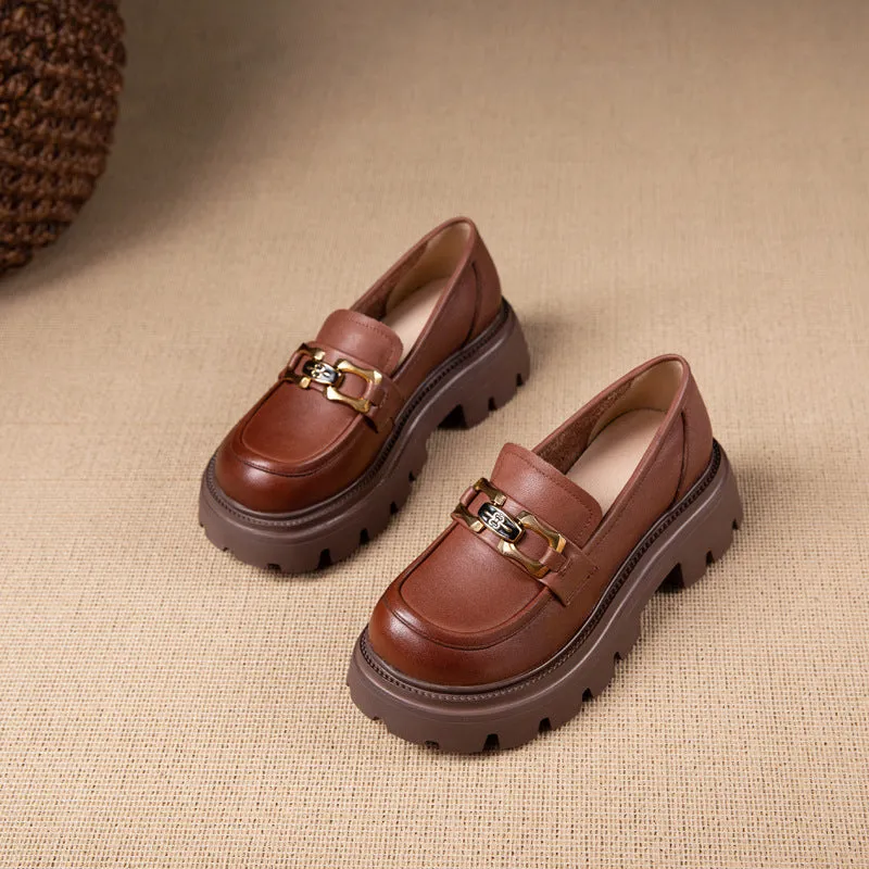 Women Retro Casual Cowhide Lug Sole Loafers