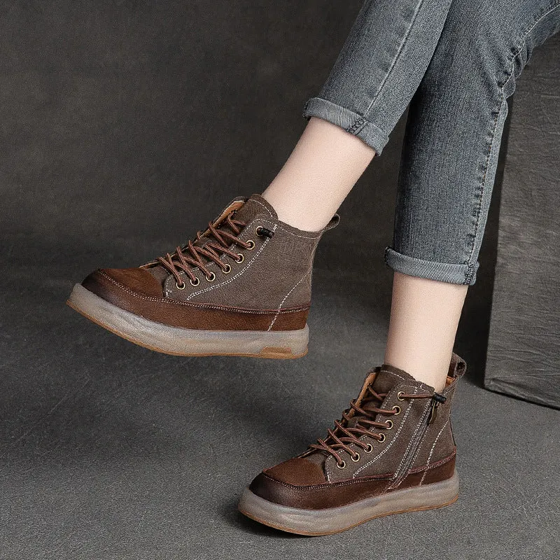 Women Retro Color Matching Patchwork Leather Boots