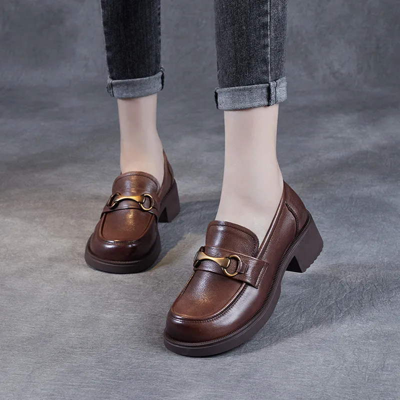 Women Retro Cowhide Thick Soled Casual Loafers