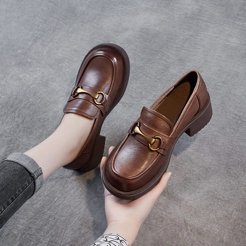 Women Retro Cowhide Thick Soled Casual Loafers