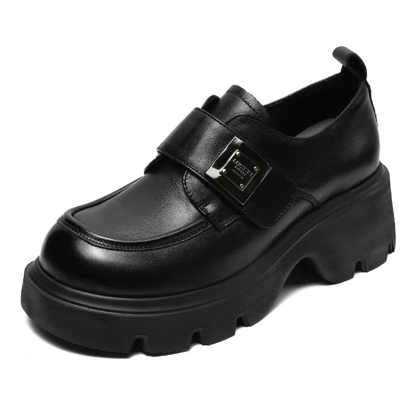 Women Retro Leather Velcro Tape Chunky Platform Loafers