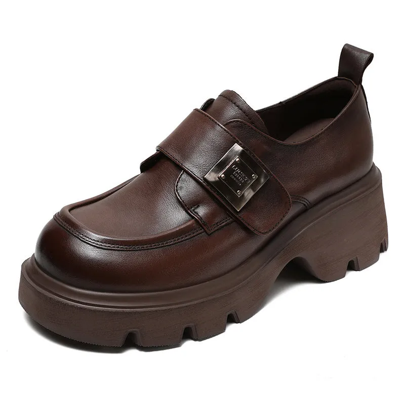 Women Retro Leather Velcro Tape Chunky Platform Loafers