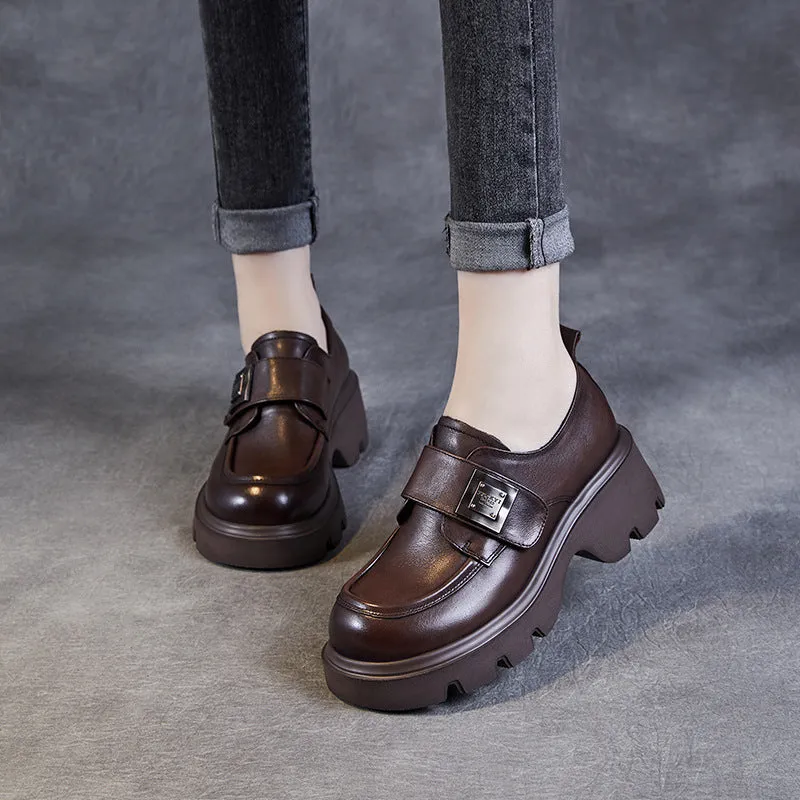 Women Retro Leather Velcro Tape Chunky Platform Loafers