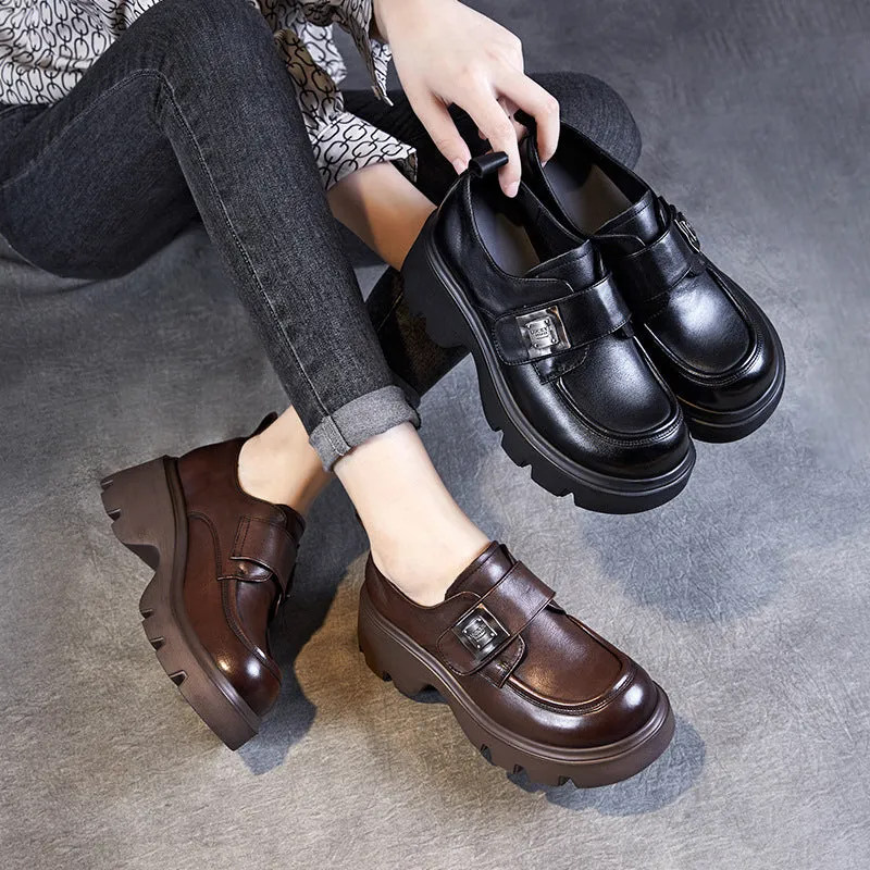 Women Retro Leather Velcro Tape Chunky Platform Loafers