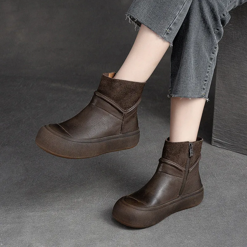 Women Retro Patchwork Leather Flat Ankle Boots