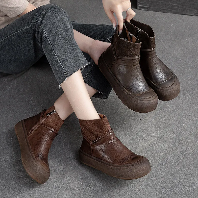 Women Retro Patchwork Leather Flat Ankle Boots