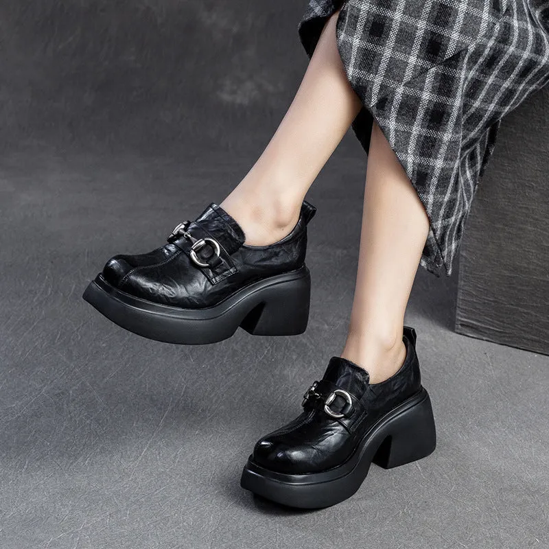 Women Retro Pleated Leather Chunky Heel Loafers