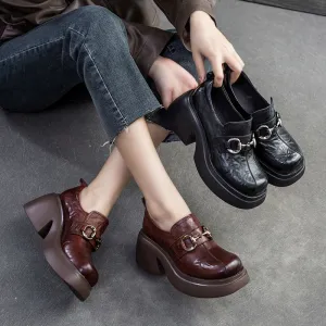 Women Retro Pleated Leather Chunky Heel Loafers