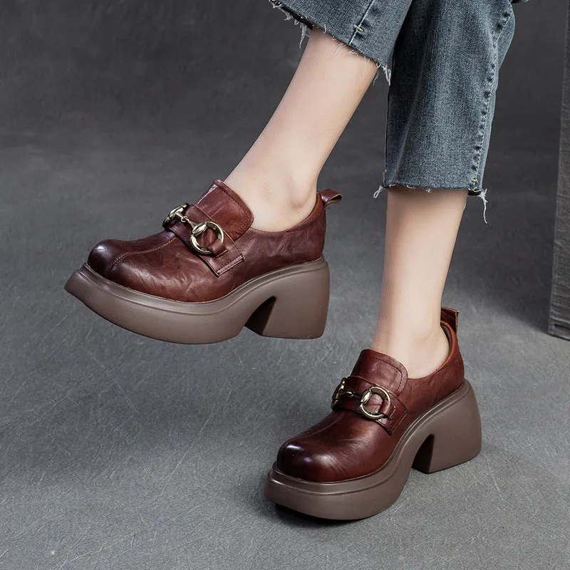 Women Retro Pleated Leather Chunky Heel Loafers