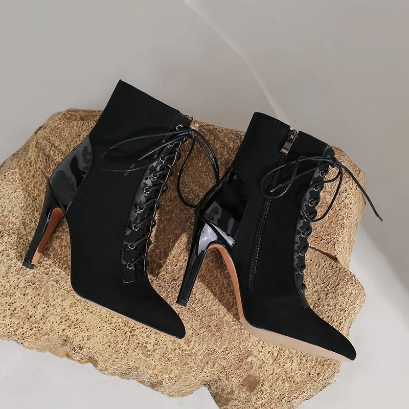 Women's Black 8cm/10cm SLim Heel Rubber Sole Patchwork Leatherette Jazz Shoes Closed Toe Dance Heels Boots