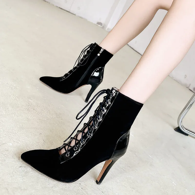 Women's Black 8cm/10cm SLim Heel Rubber Sole Patchwork Leatherette Jazz Shoes Closed Toe Dance Heels Boots