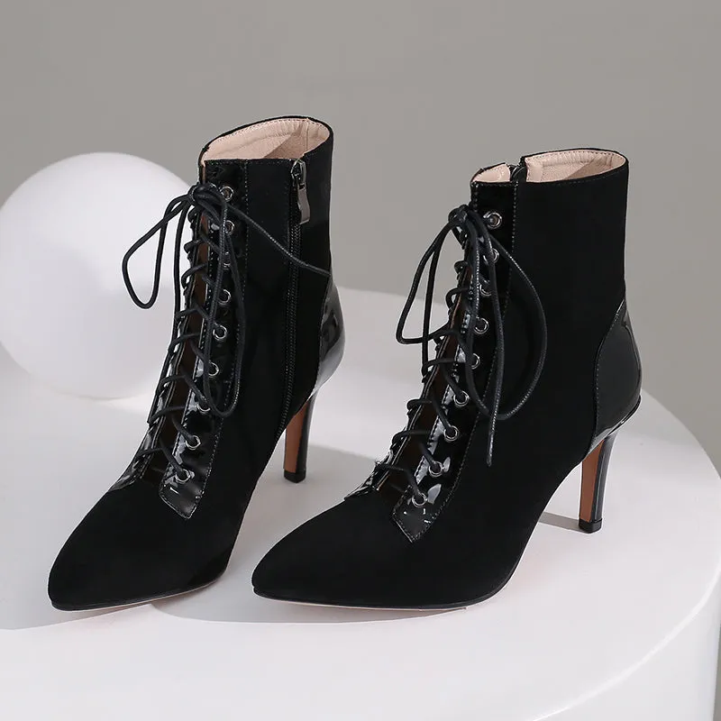 Women's Black 8cm/10cm SLim Heel Rubber Sole Patchwork Leatherette Jazz Shoes Closed Toe Dance Heels Boots