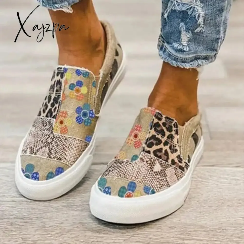 Xajzpa - Women Flat Shoes Casual Summer Patchwork Printed Leisure Loafers Women Shoes Canvas Slip On Sneakers Women's Vulcanize Shoes