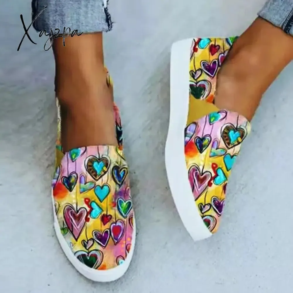 Xajzpa - Women Flat Shoes Casual Summer Patchwork Printed Leisure Loafers Women Shoes Canvas Slip On Sneakers Women's Vulcanize Shoes