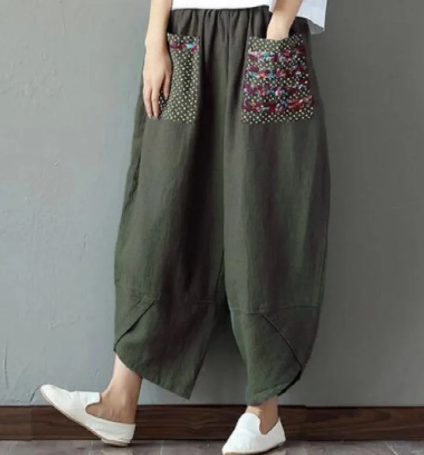 xiangtuibao Can Be Shipped  Factory Direct Sales Spring Ethnic Style Patchwork Cotton Linen Wide Leg Pants Loose Women's Pants