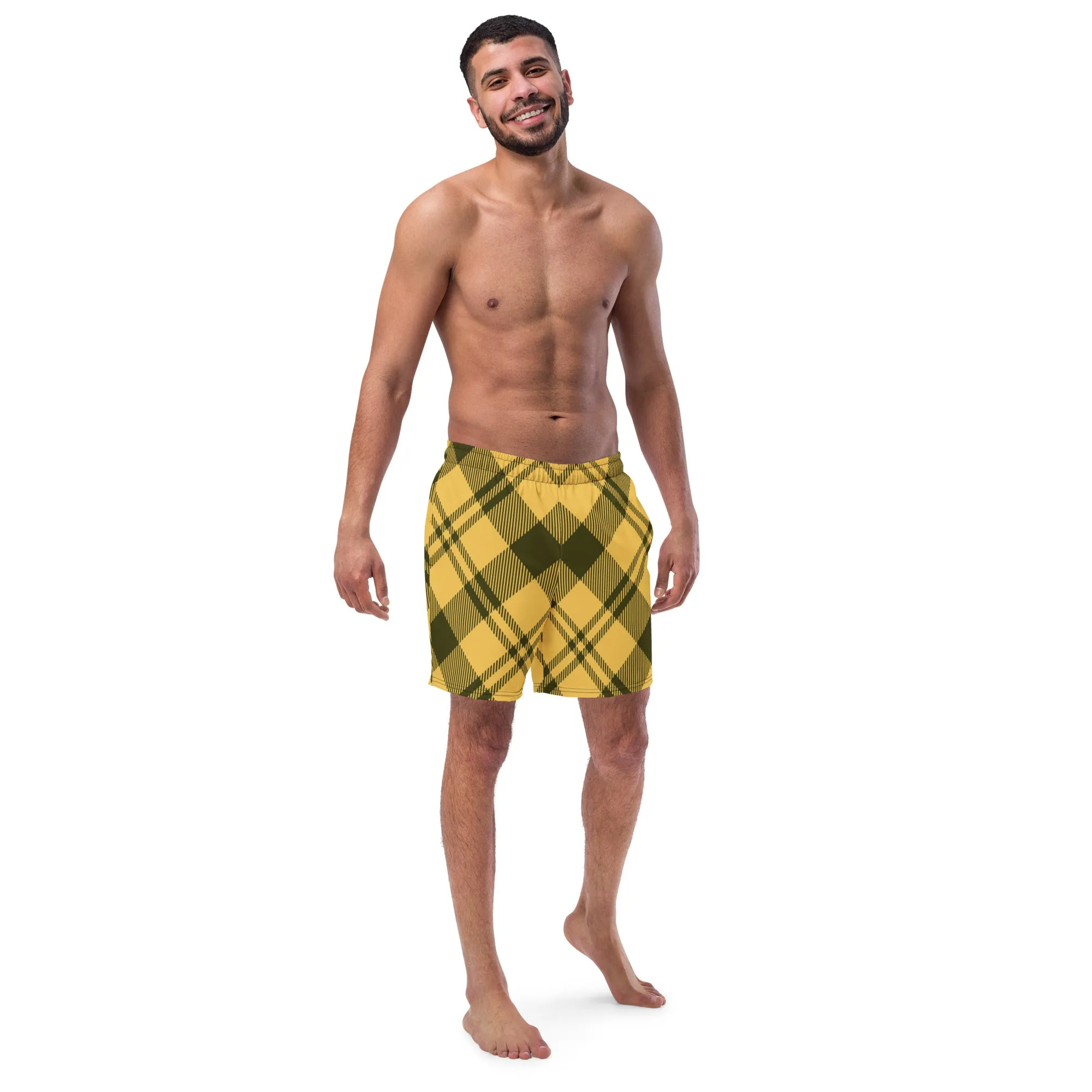 Yellow Plaid Print Men's Swimwear, Tartan Plaid Scottish Style Print Cute Quick Drying Comfortable Swim Trunks For Men - Made in USA/EU/MX